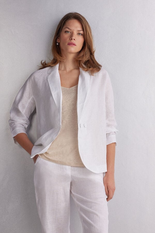 Women Intimissimi Linen Cloth Double Breasted Jacket White | 9416072-PZ