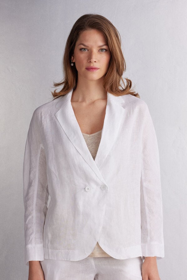 Women Intimissimi Linen Cloth Double Breasted Jacket White | 9416072-PZ