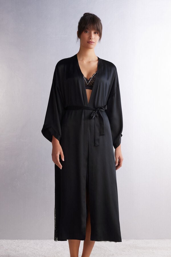 Women Intimissimi Living In Luxe Long Silk Robe Black | 5732801-FT