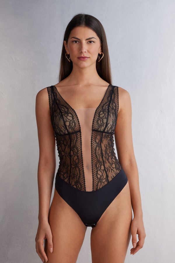 Women Intimissimi Luxury Moments Lace Bodysuit Black / Beige | 7514620-HC