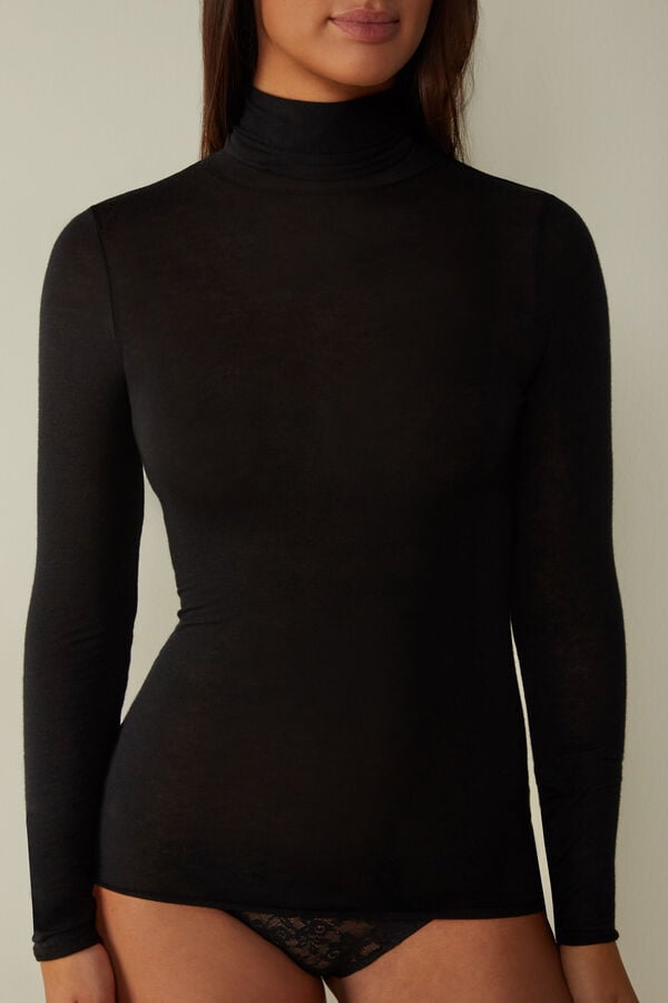 Women Intimissimi Modal Cashmere Ultralight High-Neck Long Sleeve Black | 5720843-UY