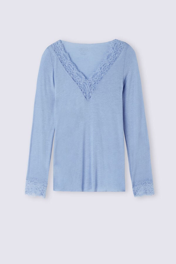 Women Intimissimi Modal Cashmere Ultralight Long Lace Shirt Blue | 0953184-HU