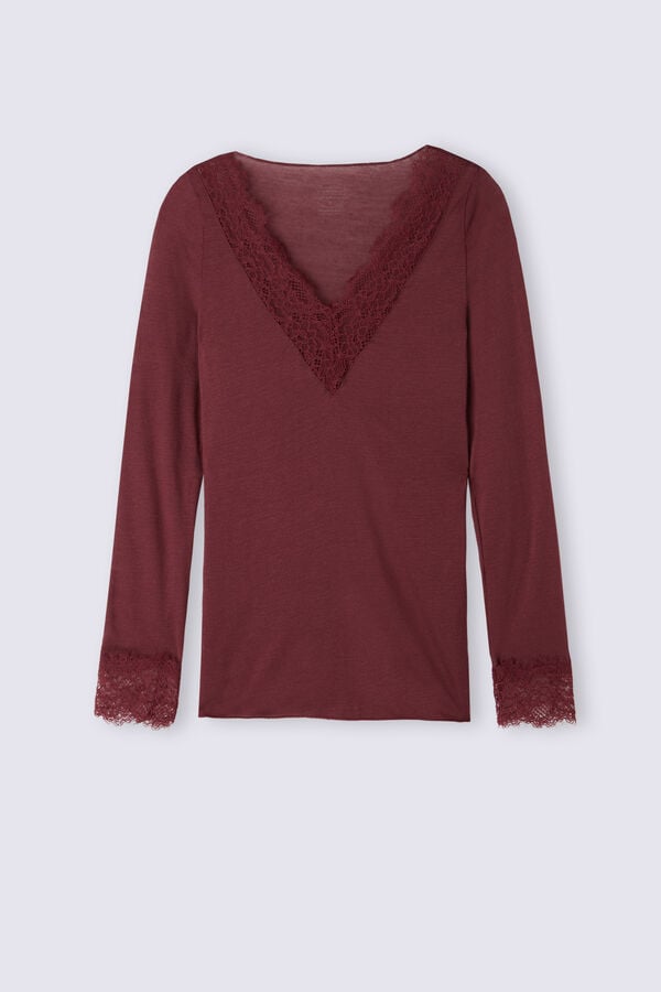 Women Intimissimi Modal Cashmere Ultralight Long Lace Shirt Red | 0634512-VX