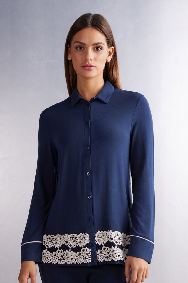 Women Intimissimi Pretty Flowers Button Up In Modal Shirt Deep Blue / Light Yellow | 3207145-SX