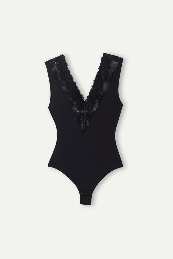 Women Intimissimi Pretty Flowers V-Neck Bodysuit Black | 4075621-EA