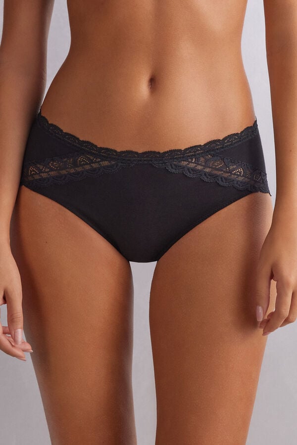 Women Intimissimi Semi-High Rise Cotton And Lace Panties Black | 6253074-TS