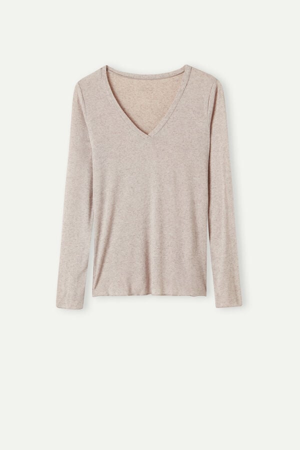 Women Intimissimi V-Neck Top In Modal Ultralight With Cashmere Long Sleeve Beige | 2385961-RG