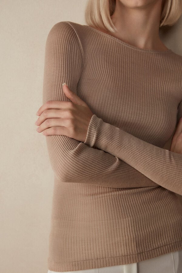 Women Intimissimi Wide Neck Wool And Silk Sweater Beige | 0681942-MZ