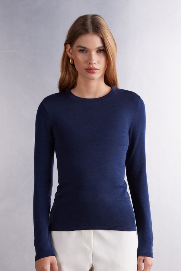 Women Intimissimi Wool Cotton Crewneck Sweater Blue | 6358924-HI